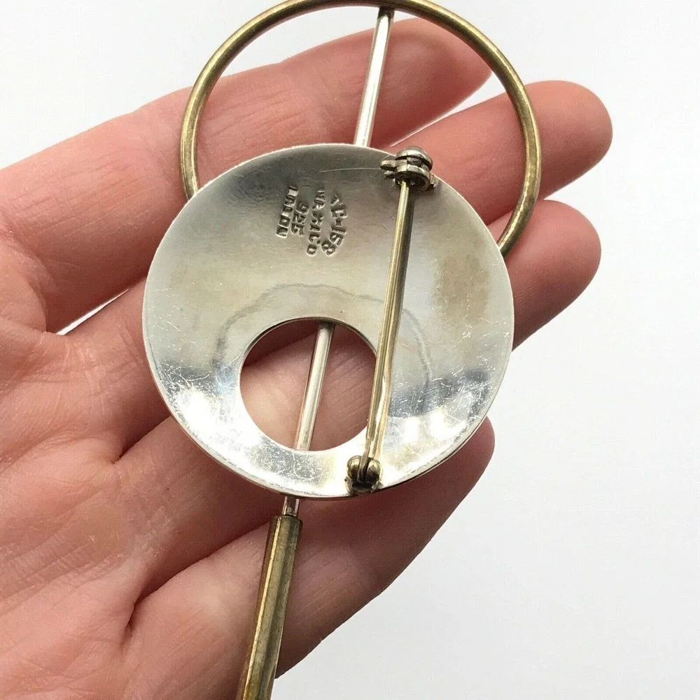Vintage Taxco Laton 925 Mexico Sterling Silver Large Modernist Two Tone Brooch